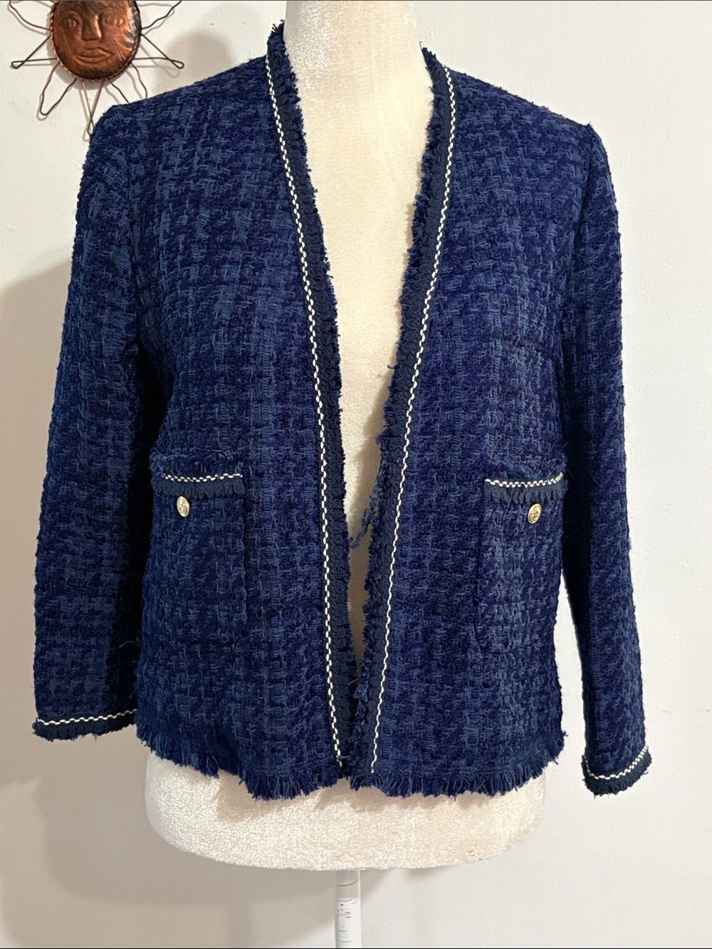 NWT Zara Navy Textured Bouclé Open-Front Blazer with Trim Lsz
